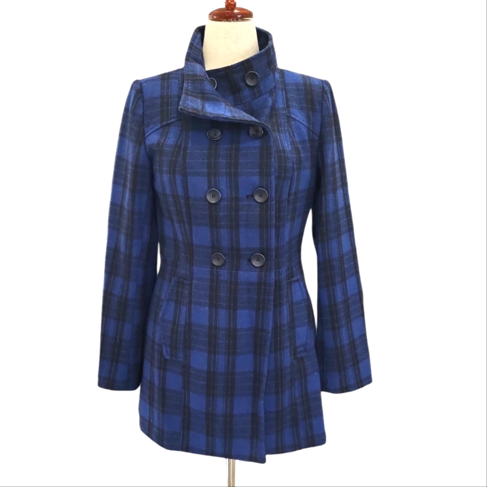 EUC Old Navy women's blue black plaid wool blend pea coat, M